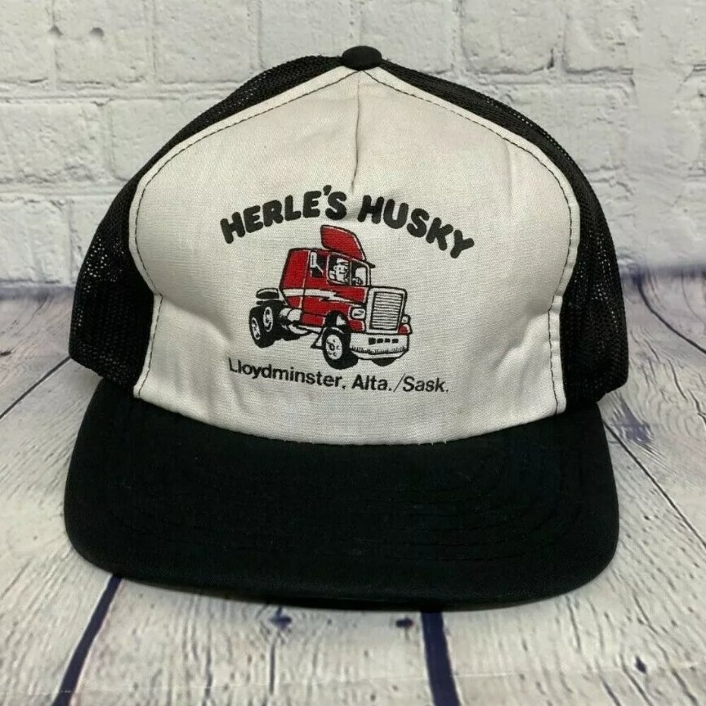Vintage Trucker Hat Mesh Cap Snapback Black HERLE'S Husky Lloydminster Sask.